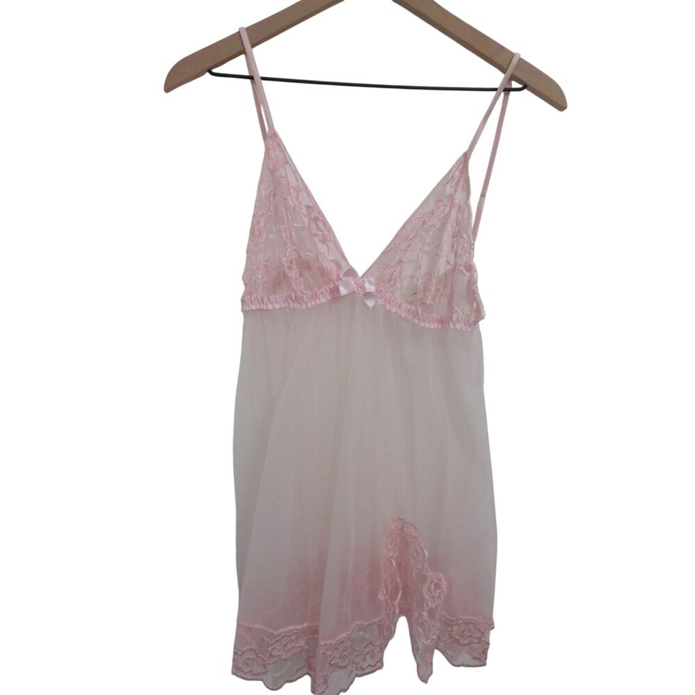 Frederick's of Hollywood Women Sz M Pink Sheer Lace Slip Coquette Fairy Vintage